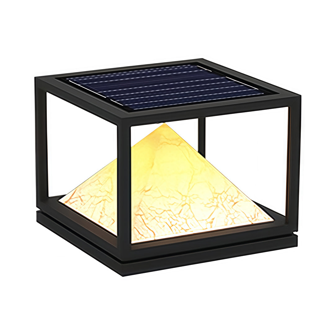 Compact pyramid-core outdoor light with black metal frame showcasing a warm light pillar design.