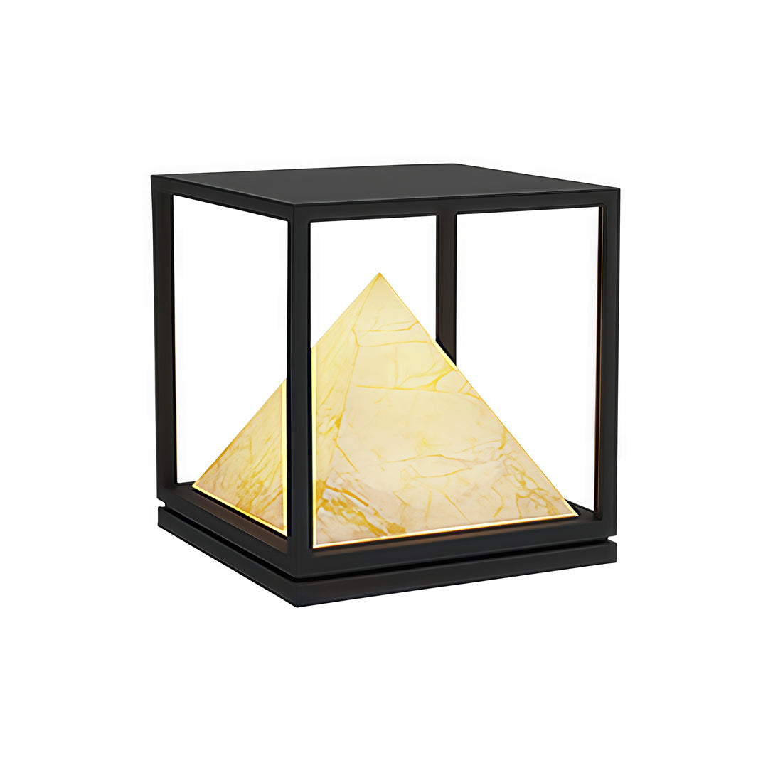 Outdoor cube lighting fixture with warm pyramid glow set in modern black-frame light pillar design.