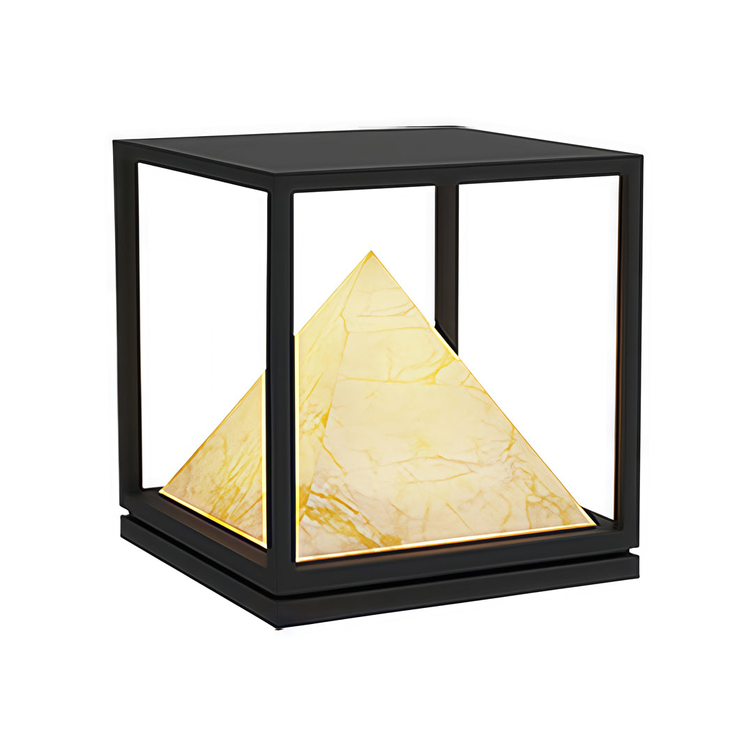 Minimalist black outdoor cube lamp featuring pyramid-shaped illumination in light pillar design.