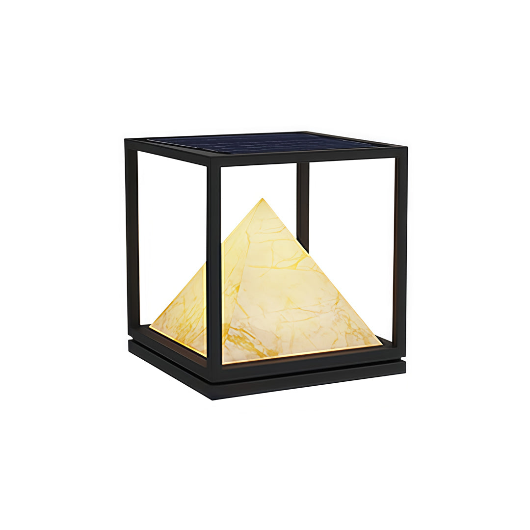 Modern tall outdoor lamp with warm glowing pyramid diffuser in stylish light pillar design.