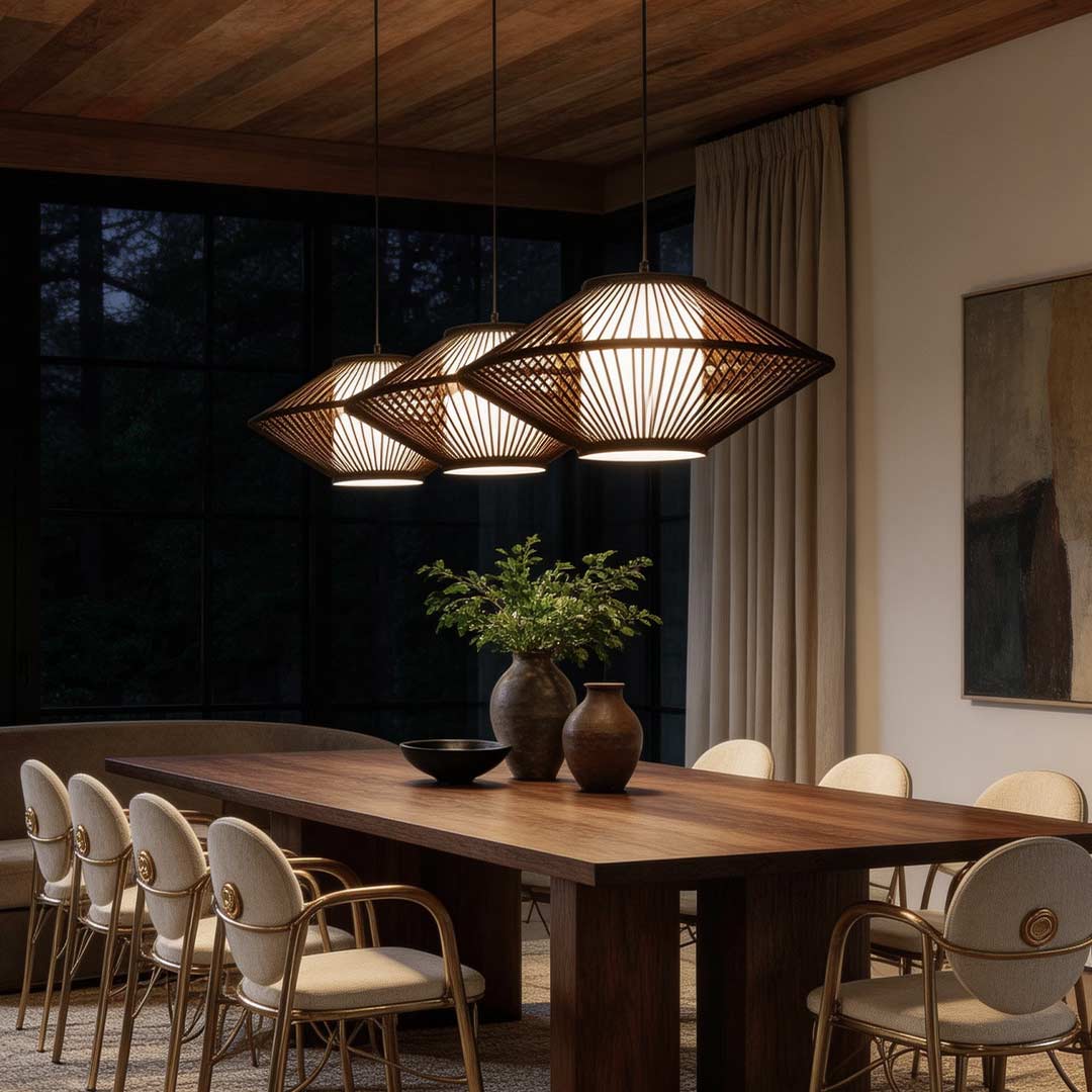Black rattan pendant light with a geometric design, hanging above a rustic dining table.