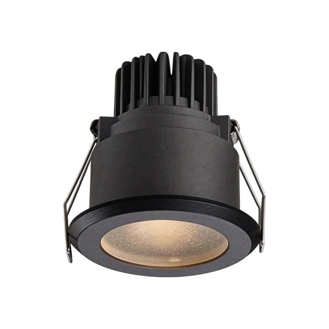 Durable black recessed ceiling spotlights with a frosted lens and high-quality metal finish.