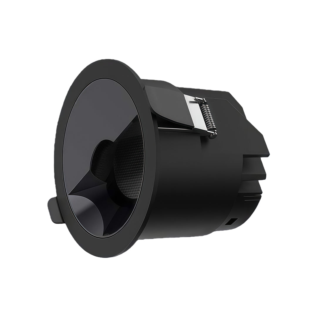 Black recessed spotlight with cylindrical design and integrated driver for modern ceiling installations