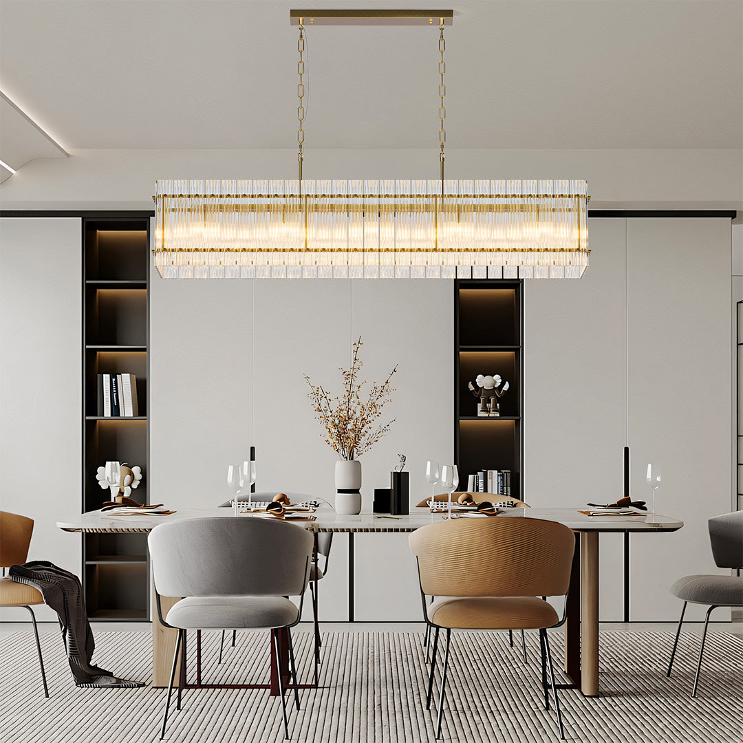 Modern black rectangular glass lamp shade chandelier above a minimalist dining setup for stylish homes.