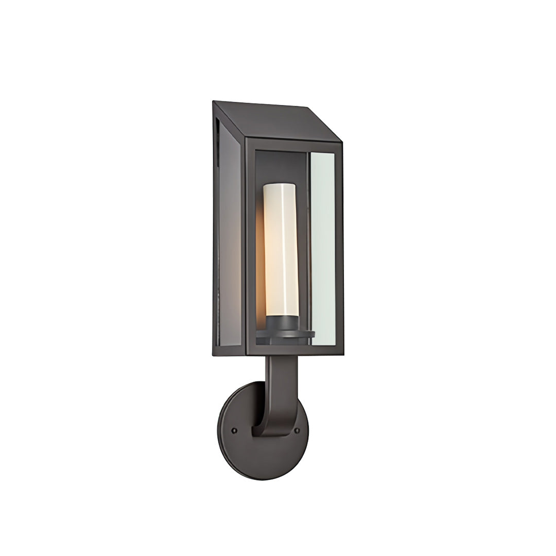 Black rectangular outdoor wall mount light fixture with clear glass panels and warm vertical light tube.