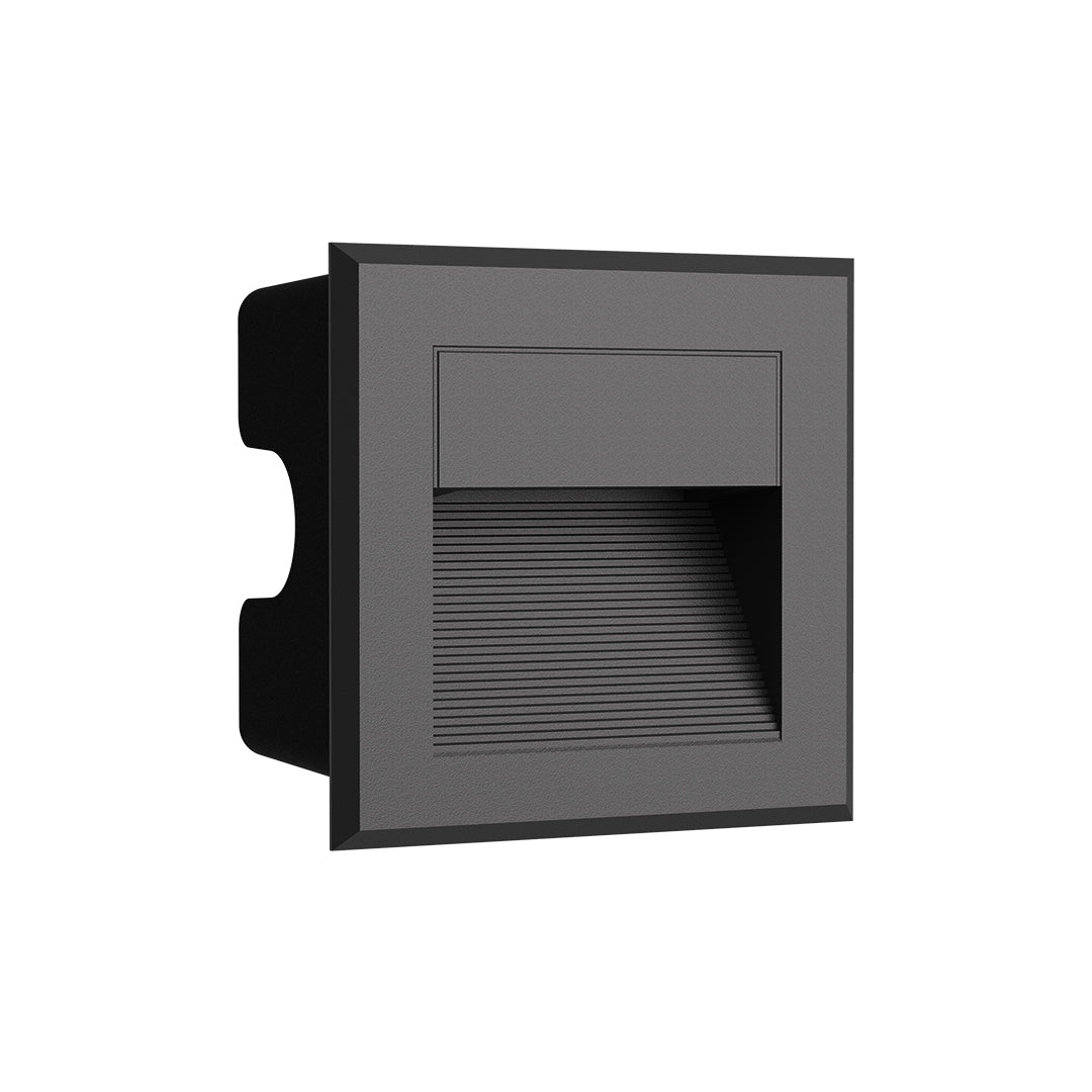 Black rectangular recessed fixture with horizontal louvers for controlled directional lighting output