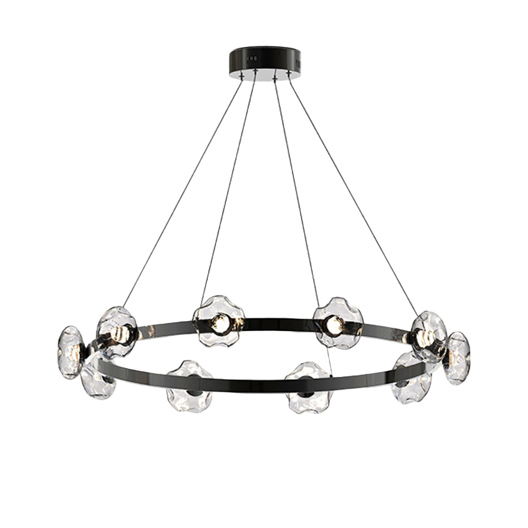 Black ring chandelier with crystal glass spheres arranged in circular formation for modern pendant lighting