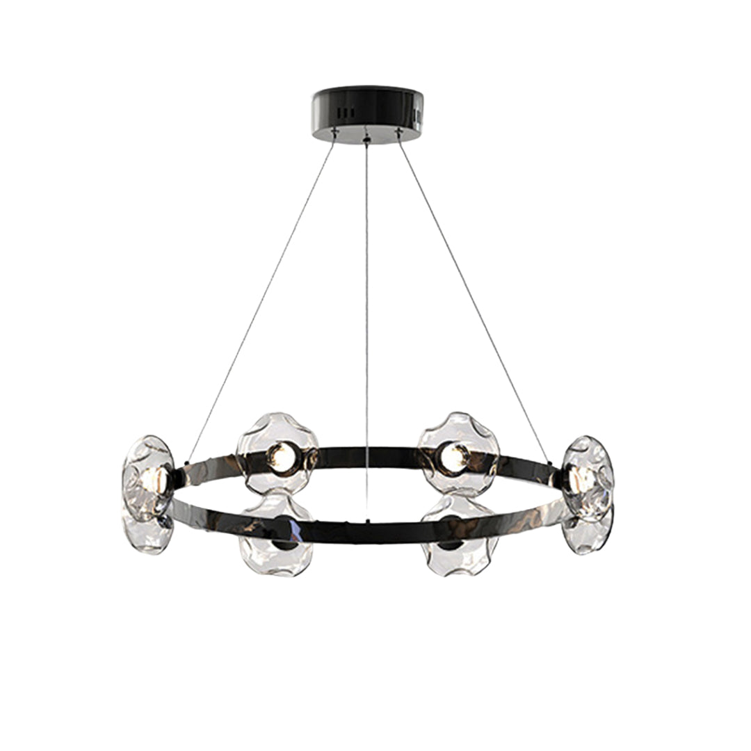 Black ring chandelier featuring multiple glass orbs creating dramatic focal point in contemporary space