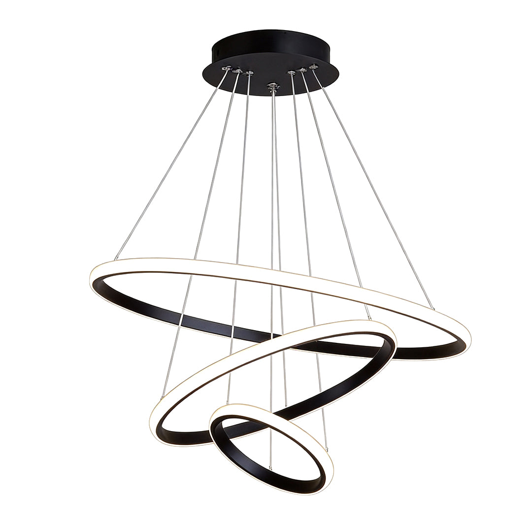 Black ring LED chandelier isolated product display.
