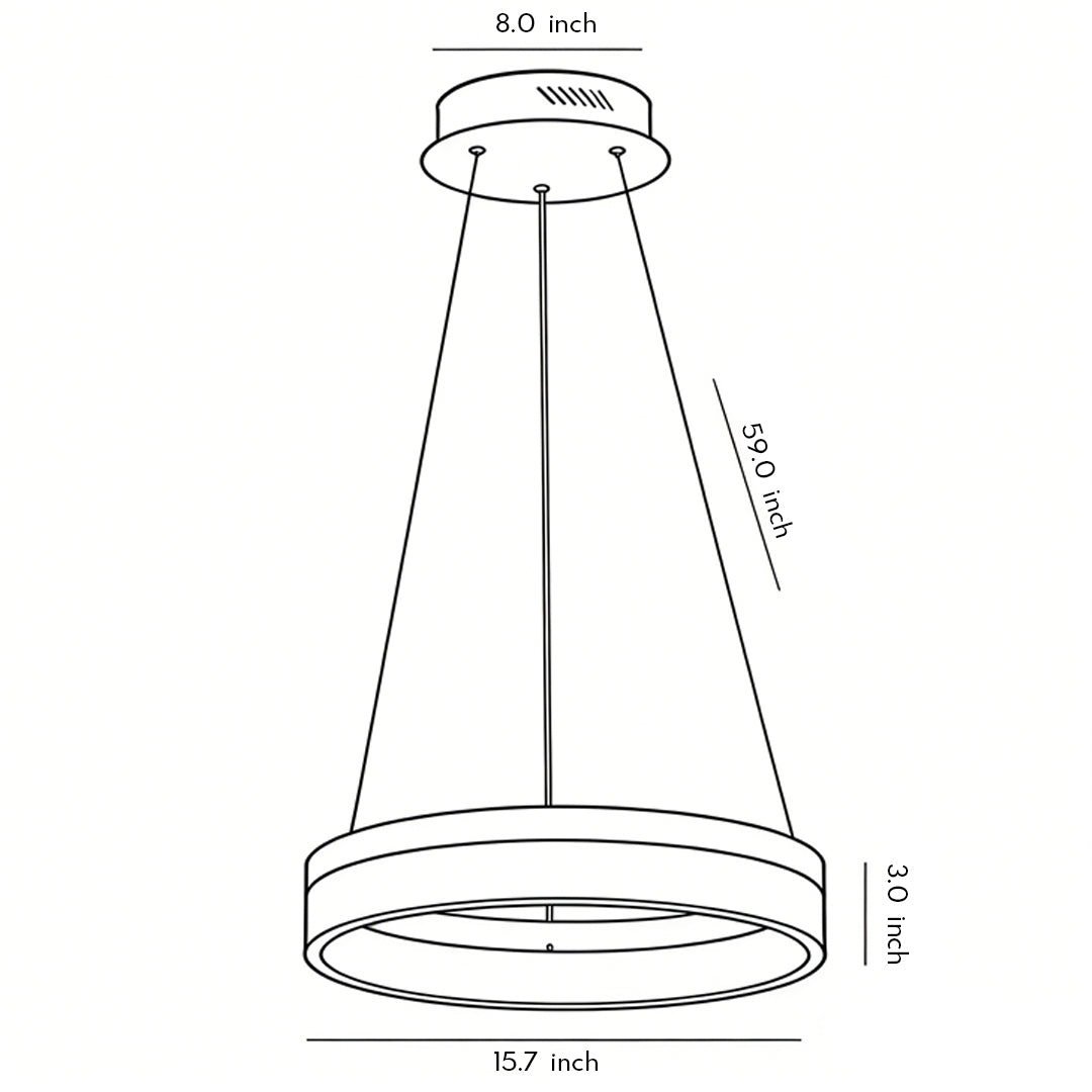 Technical line drawing of black ring pendant light with labeled dimensions and proportions.