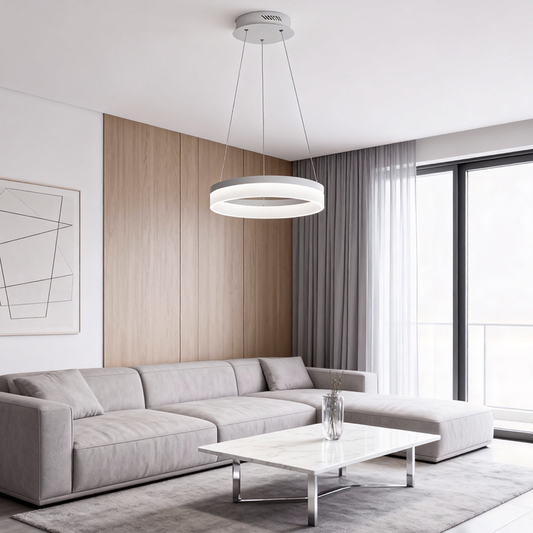 Black ring pendant light illuminating a modern living space with wood panel walls and large windows.