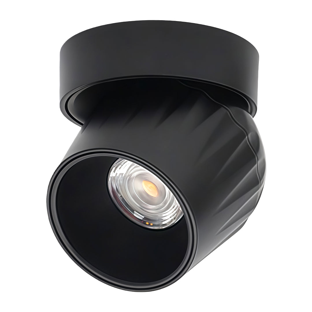 Black rotating spotlight with sleek cylindrical design and directional beam control for dramatic lighting