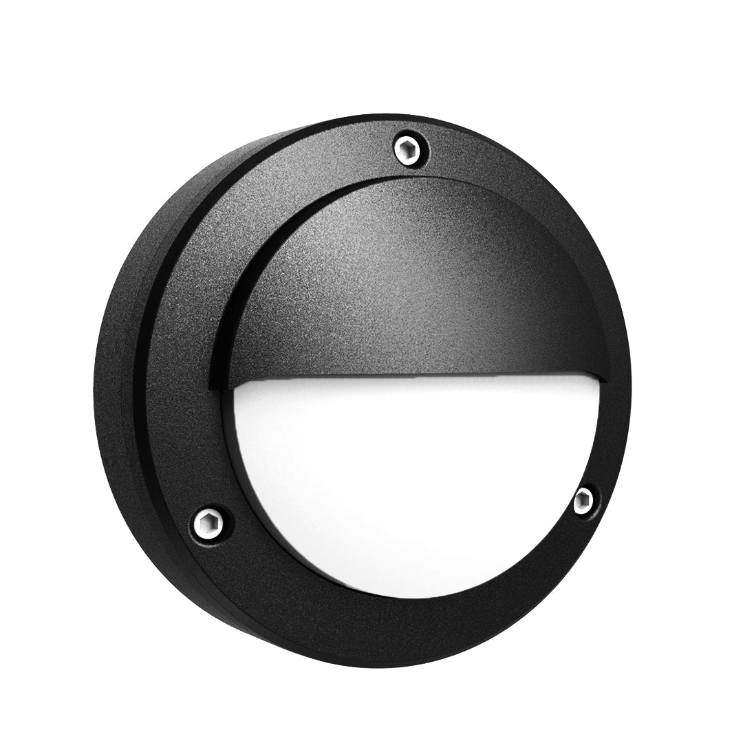 Black round outdoor wall sconce with half-moon light distribution and textured finish