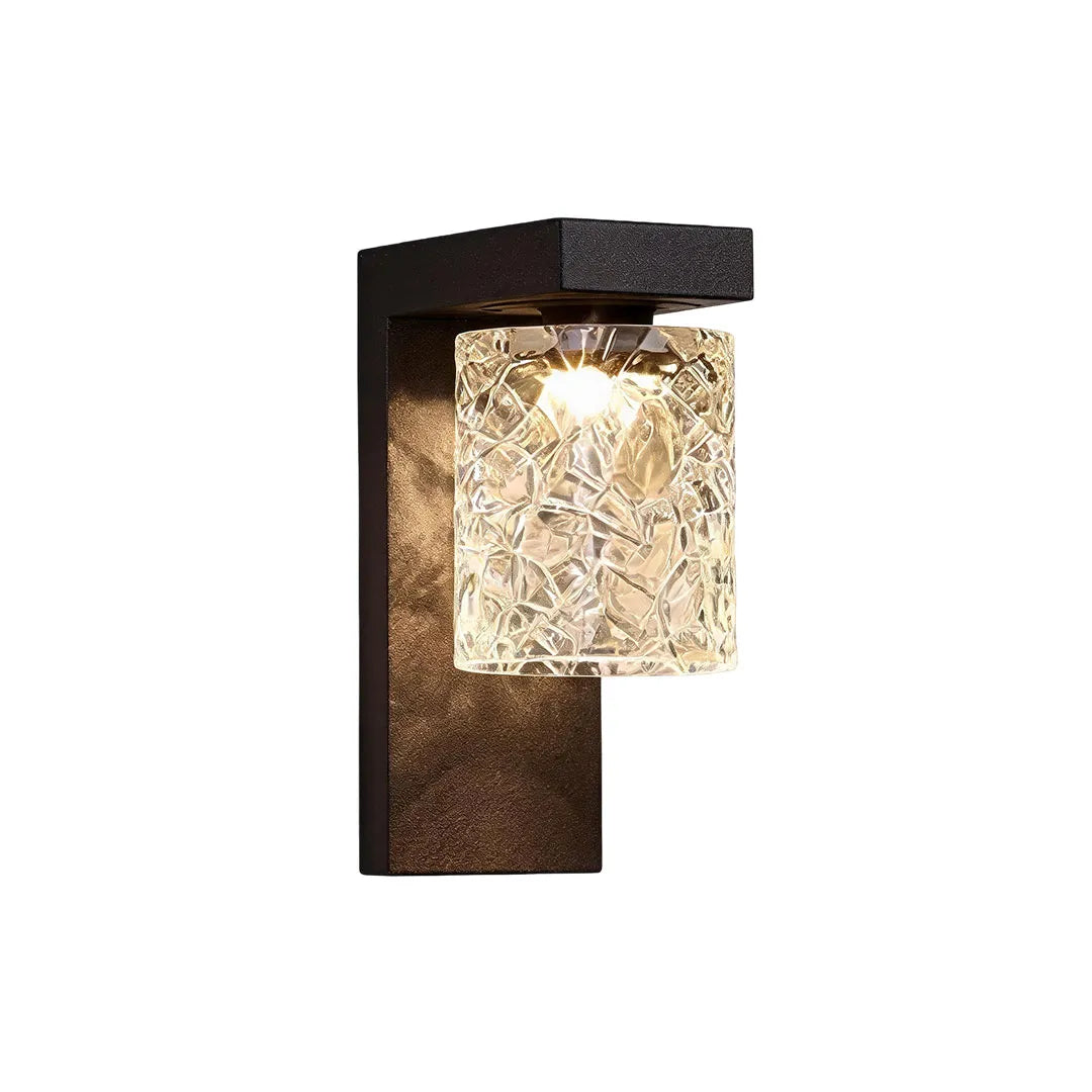 Black sconce wall light product view with a larger rectangular frame and illuminated crystal glass shade.