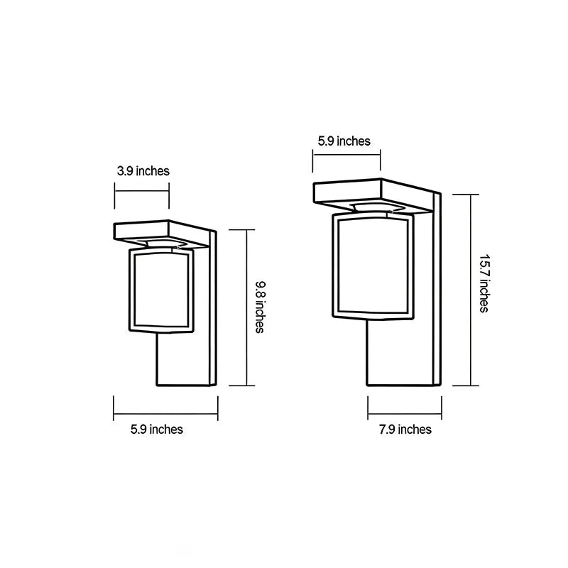 Black sconce wall light dimension diagram showing two fixture sizes and overall measurements.