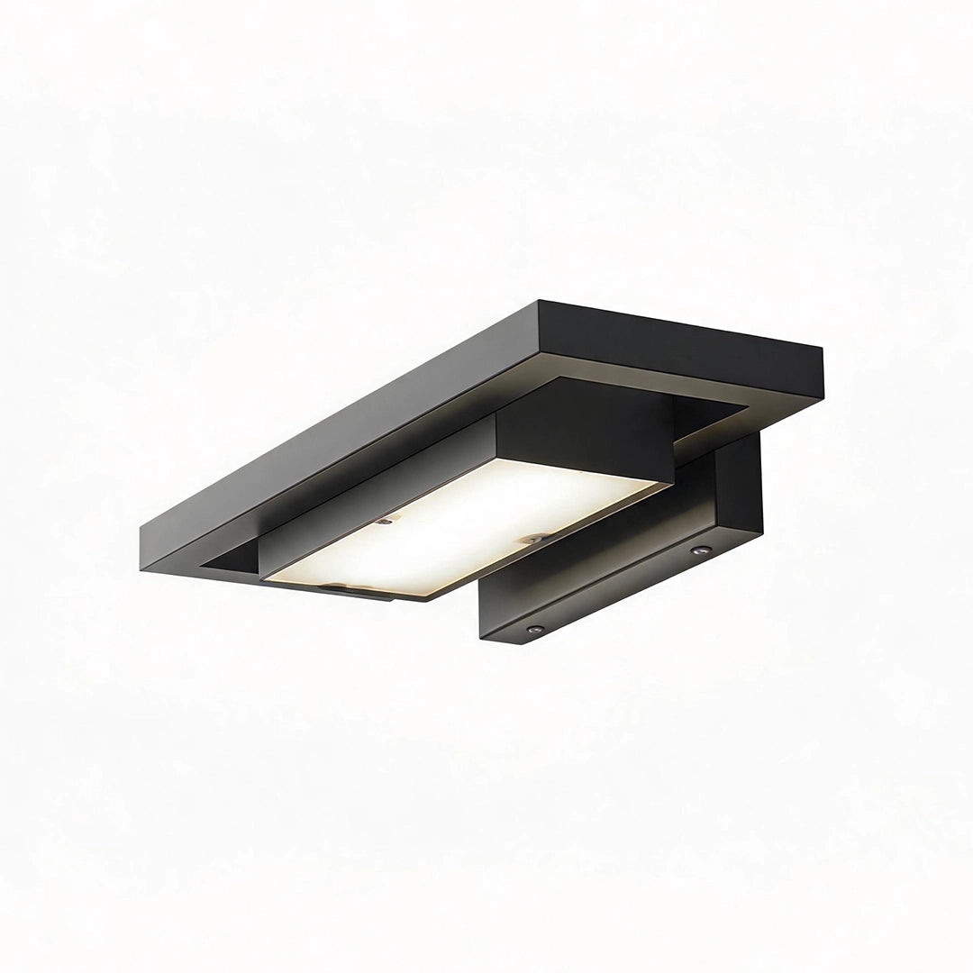 Black sconce wall lights featuring a modern geometric frame with a softly diffused light panel.