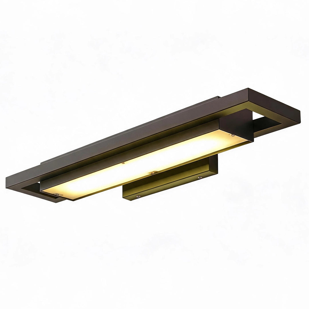 Black sconce wall lights in a longer rectangular design with warm downward LED illumination.