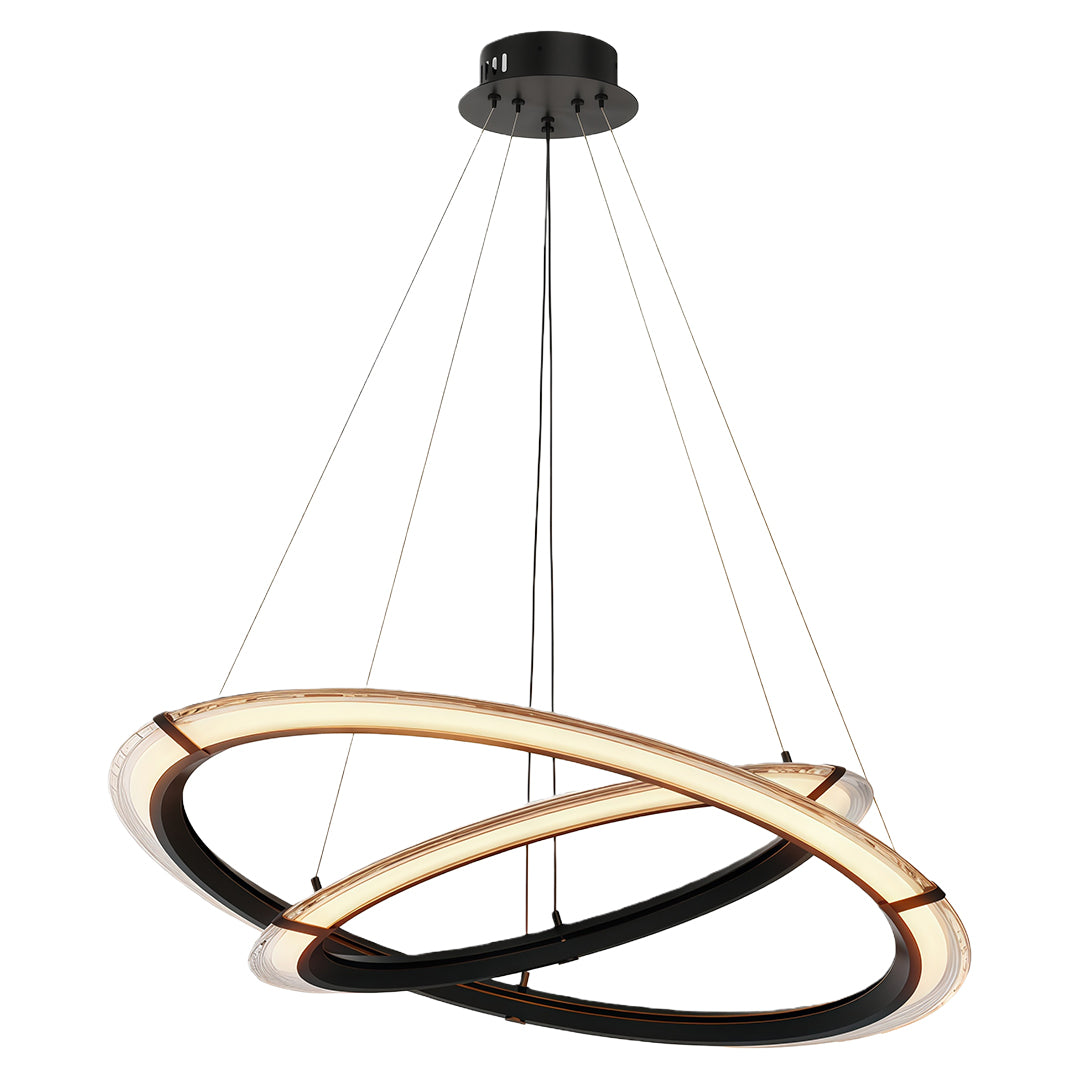 Black sculptural modern round chandelier featuring intertwined LED rings.
