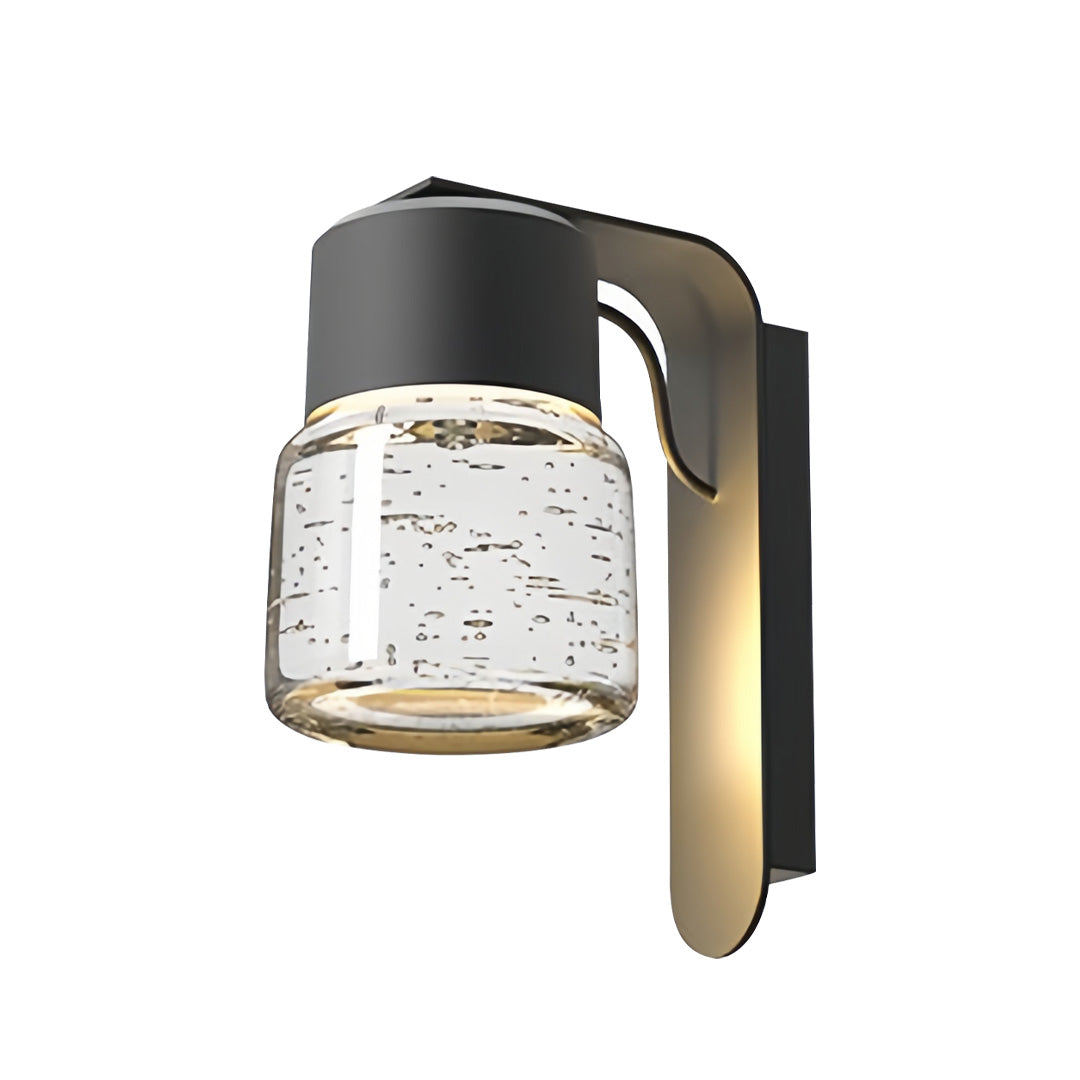 Stylish black exterior wall mount lights featuring a clear seeded glass shade.