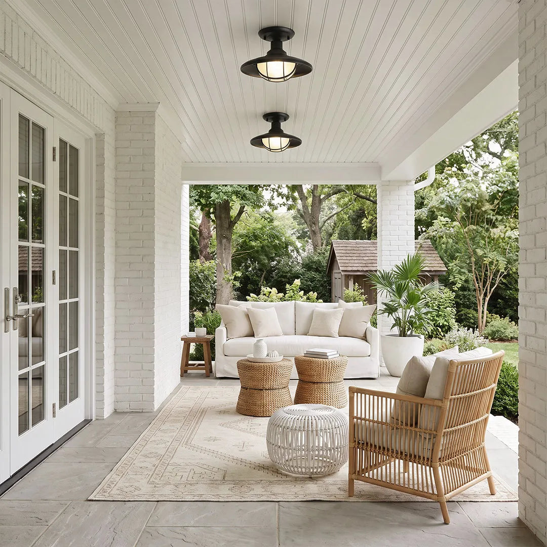 Black semi flush ceiling lights illuminating a cozy covered porch seating area with wicker furniture.
