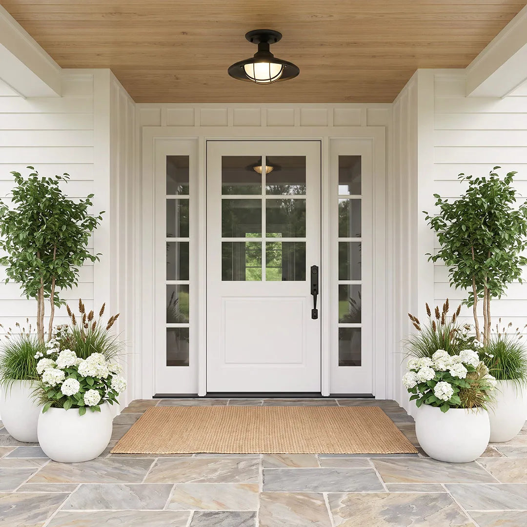 Black semi flush ceiling light above a bright front porch entry with double doors and potted plants.