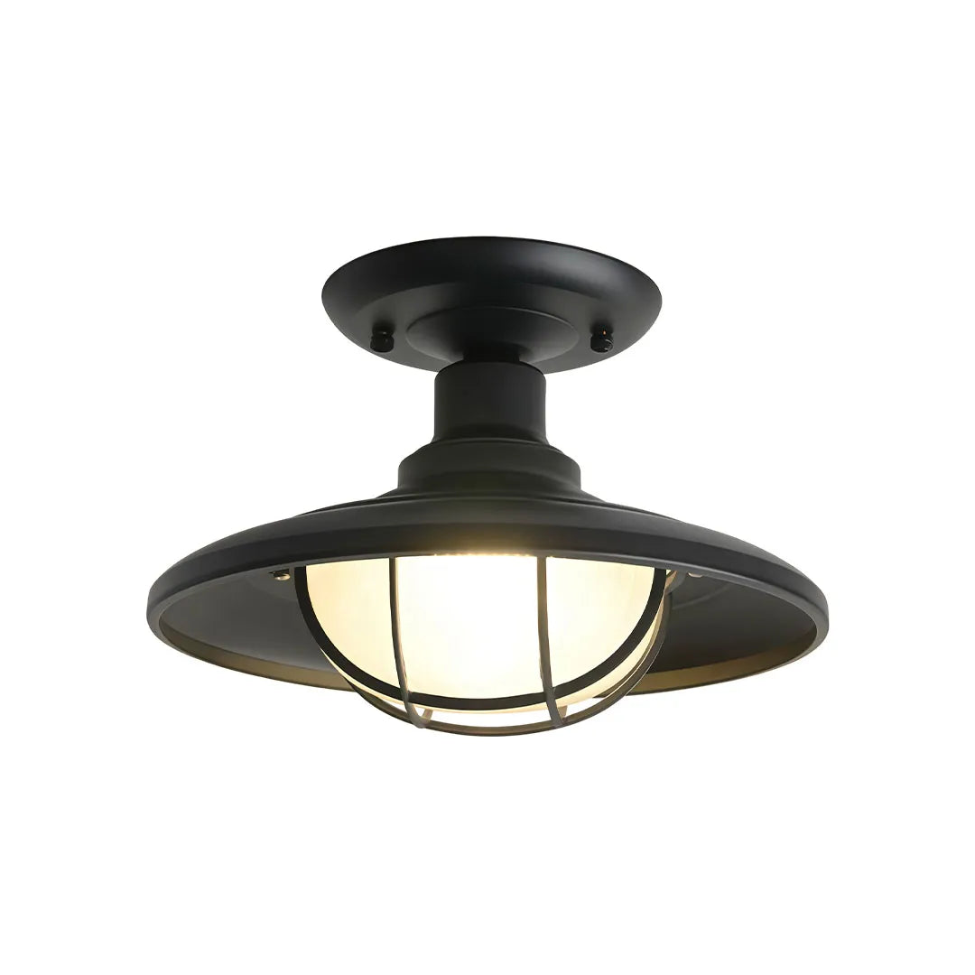 Black semi flush ceiling light with a wide metal shade, caged glass diffuser, and matte black finish.