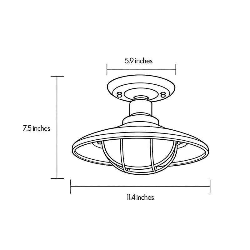 Black semi flush ceiling light dimension diagram showing an 11.4-inch width and 7.5-inch height.