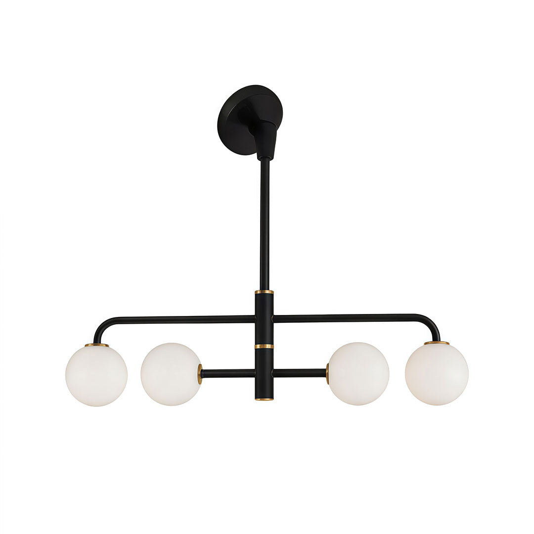 Black semi flush mount light in a white background product view with four frosted globe lights.