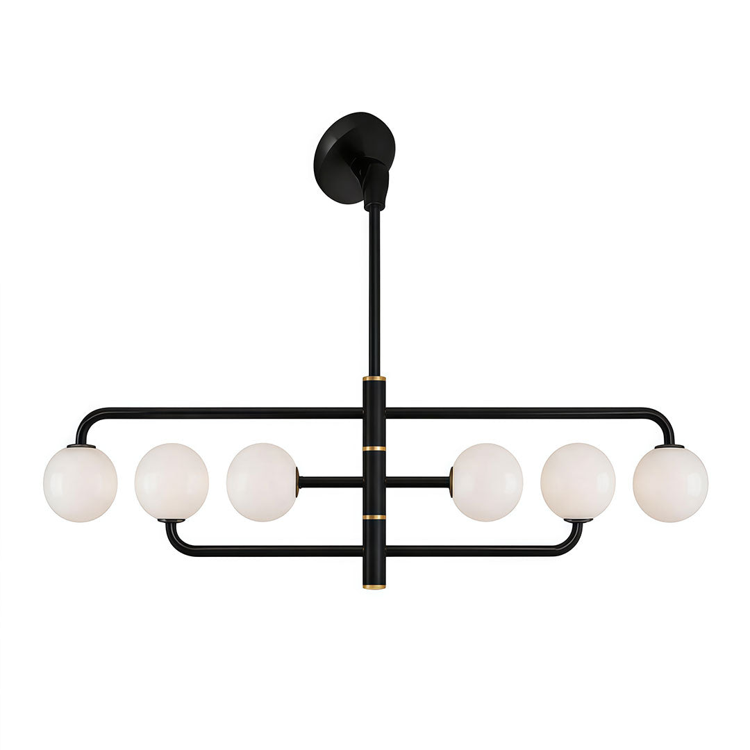 Black semi flush mount light in a white background product view with six frosted globe lights.