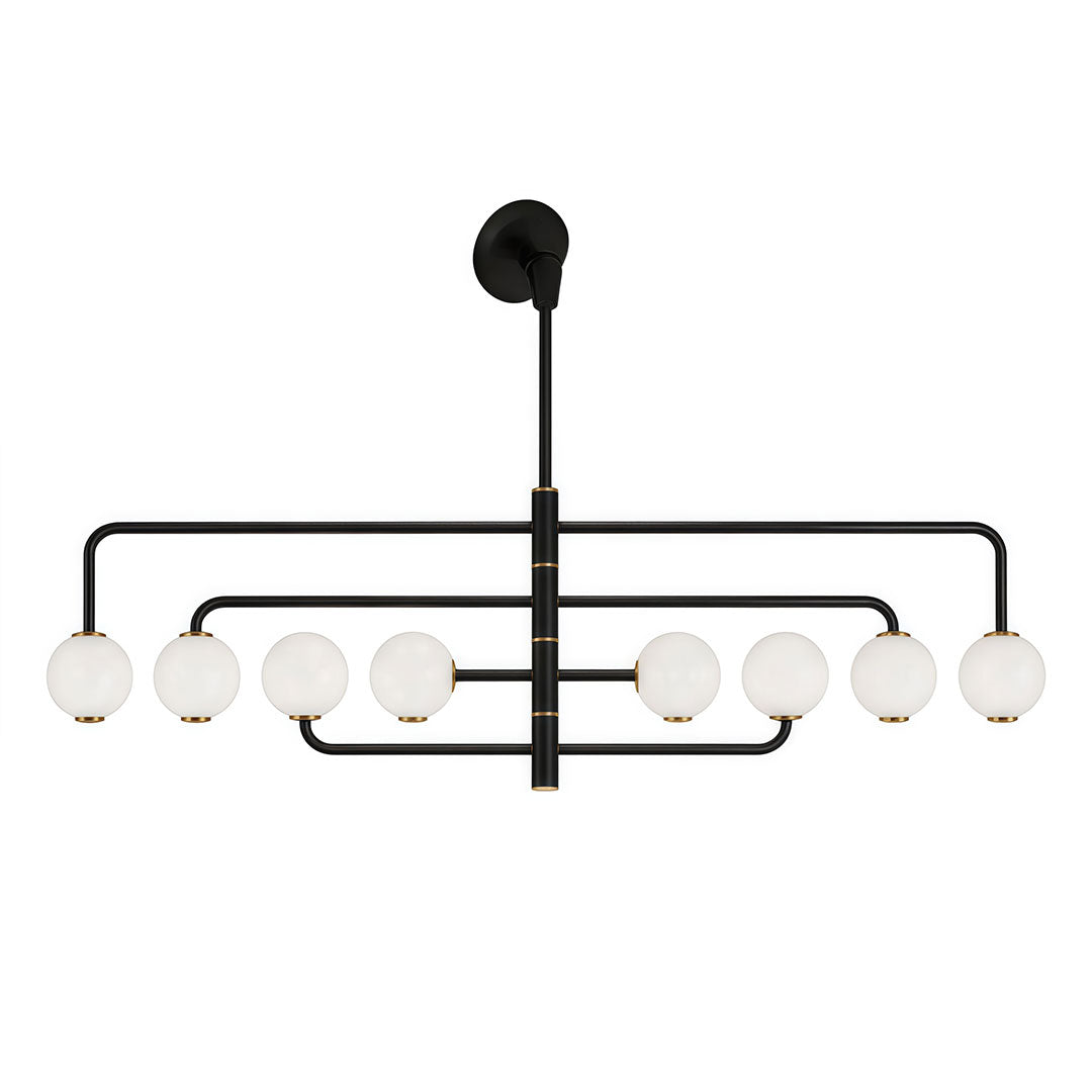 Black semi flush mount light in a white background product view with eight frosted globe lights.