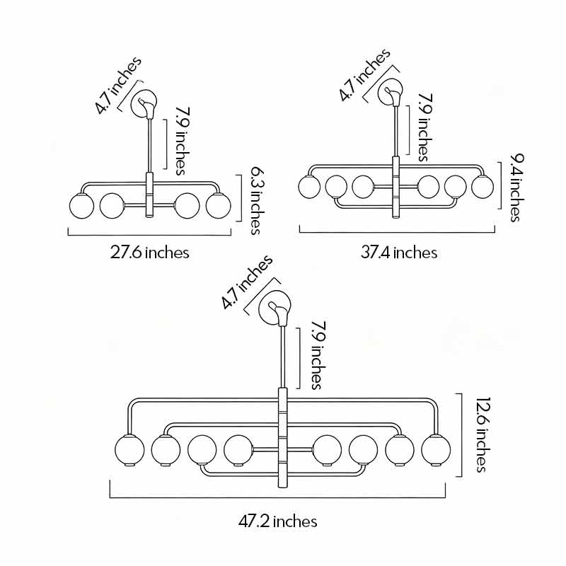 Black semi flush mount light dimension diagram showing multiple size options and overall fixture measurements.