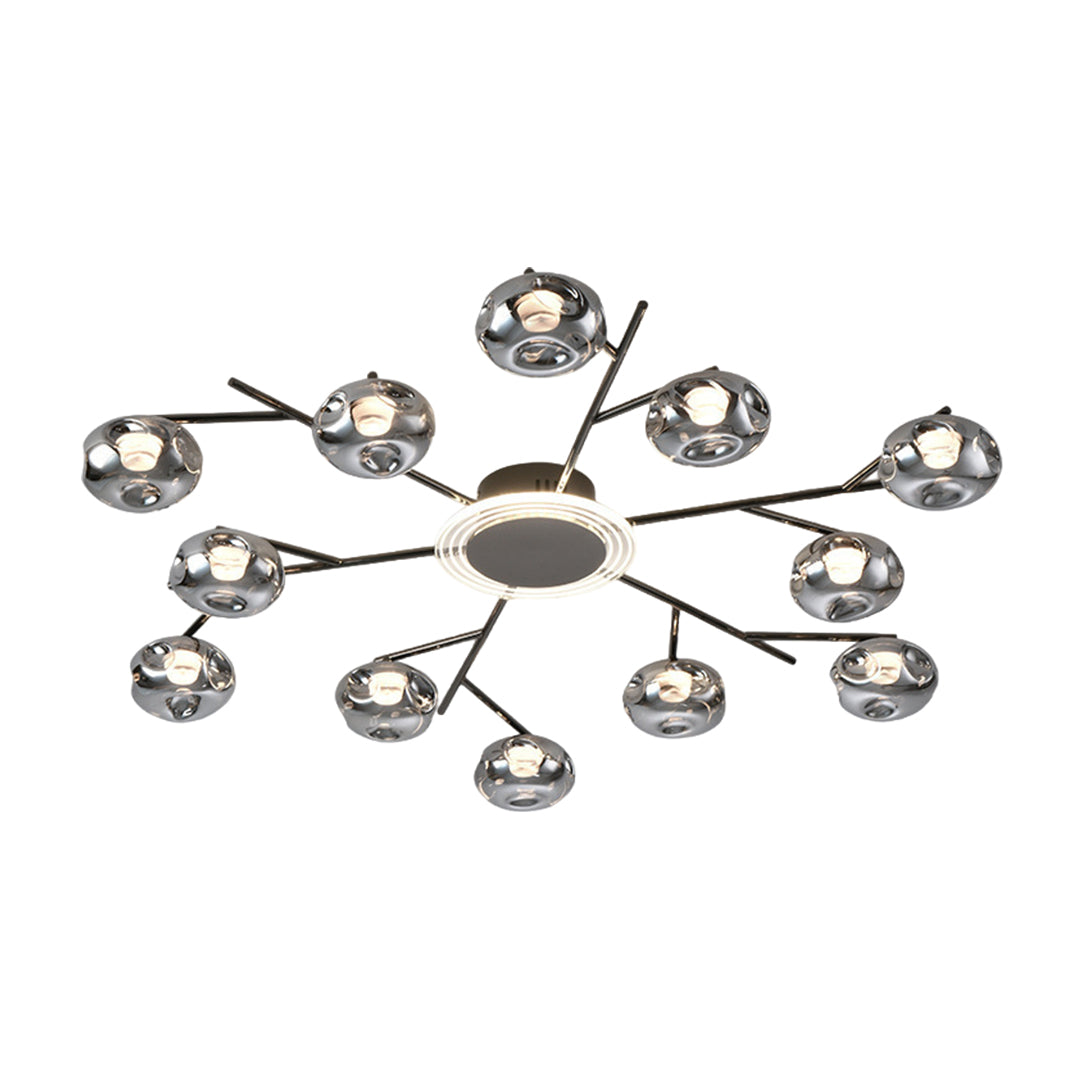 Black large semi flush mount lighting with branching arms and crystal glass shades in modern starburst design