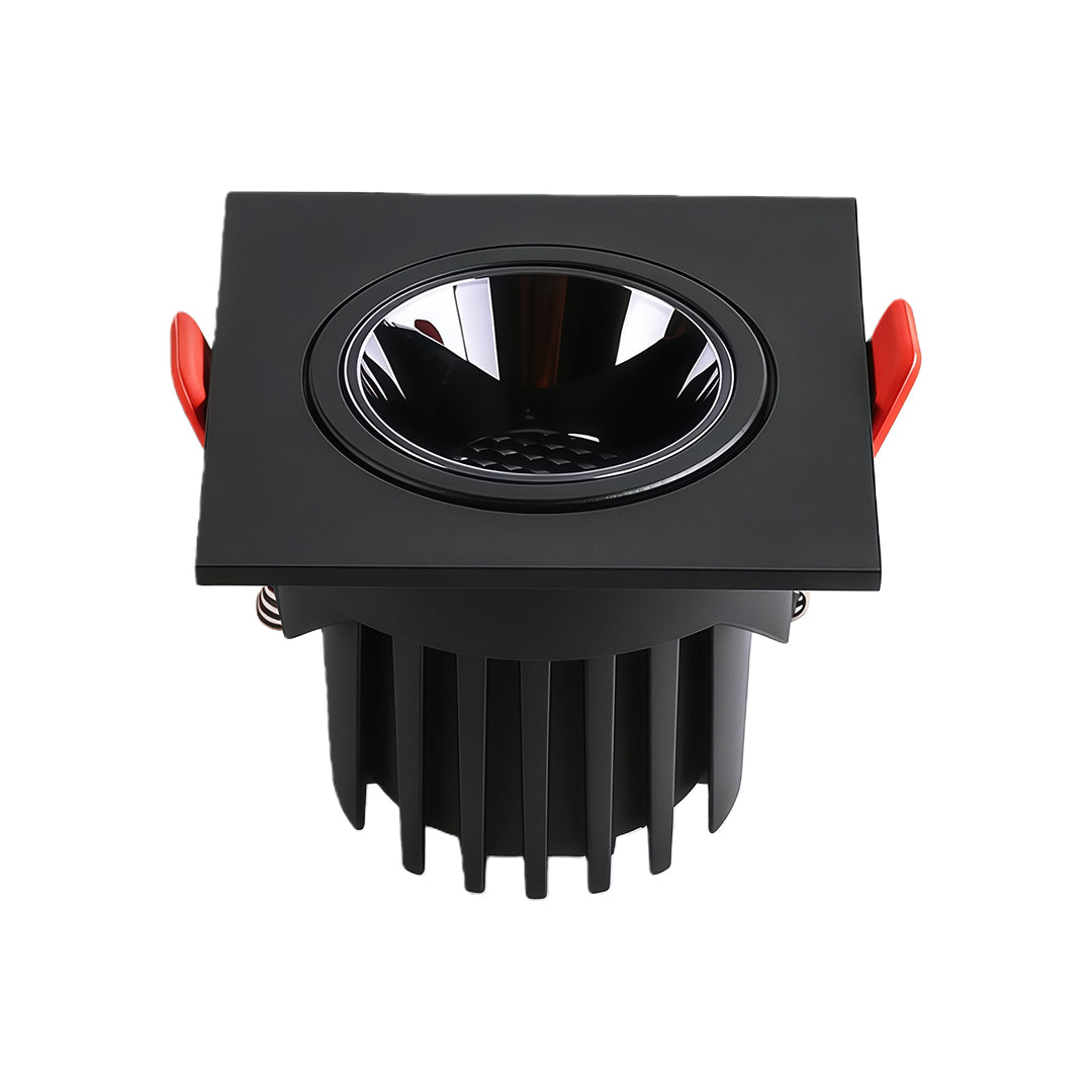 Black single-light square recessed downlight with a matching black honeycomb baffle, isolated on white.