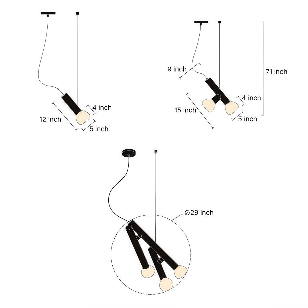 Black small pendant light dimensions and installation guide, modern minimalist design illustration