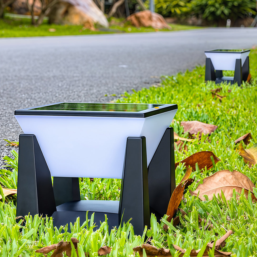 Black solar bollard light fixtures installed in the grass along the edge of a paved driveway.