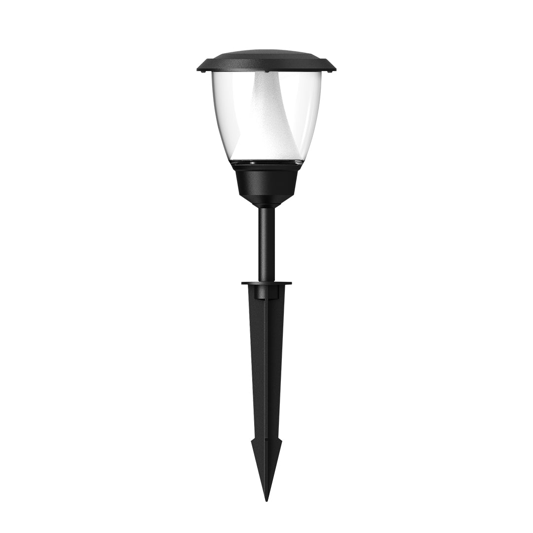 Black solar garden light with clear lantern top and ground stake for outdoor landscape lighting