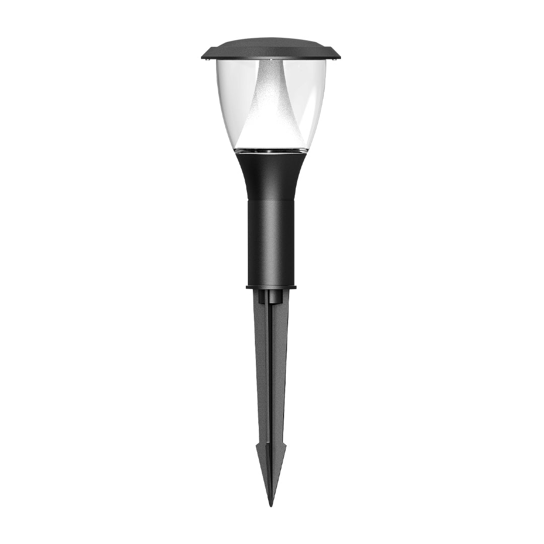 Black solar garden light with cylindrical top and stake base for ground installation