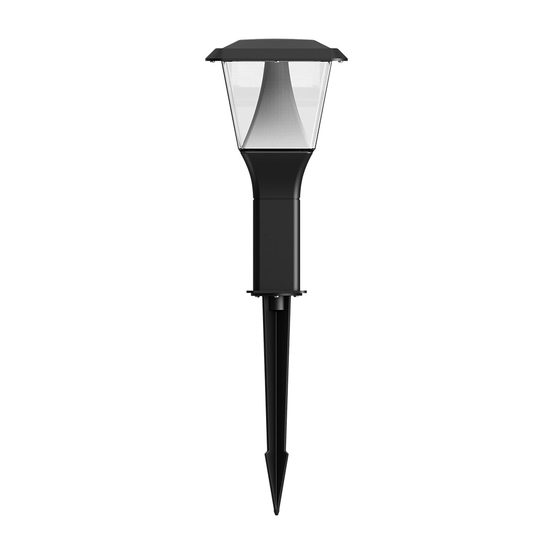 Black solar garden light with cylindrical top and stake base for ground installation