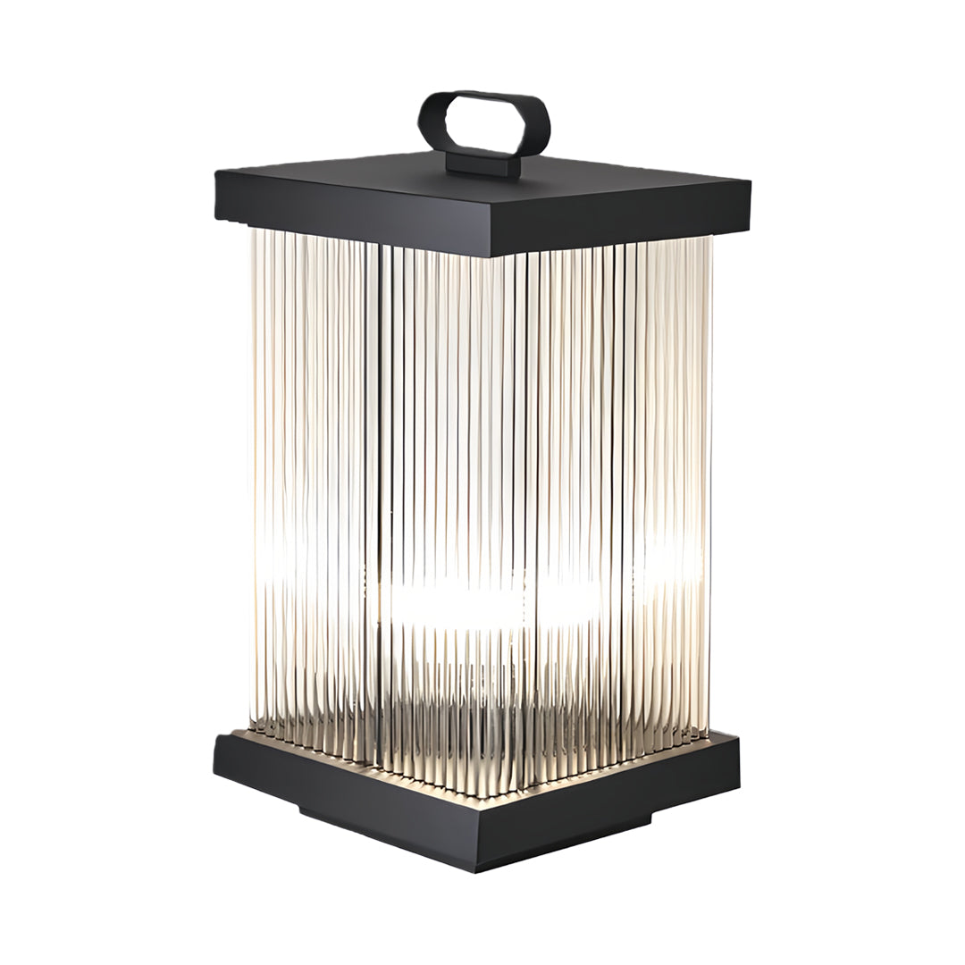 Minimalist black solar lantern with vertical light rods on white background.