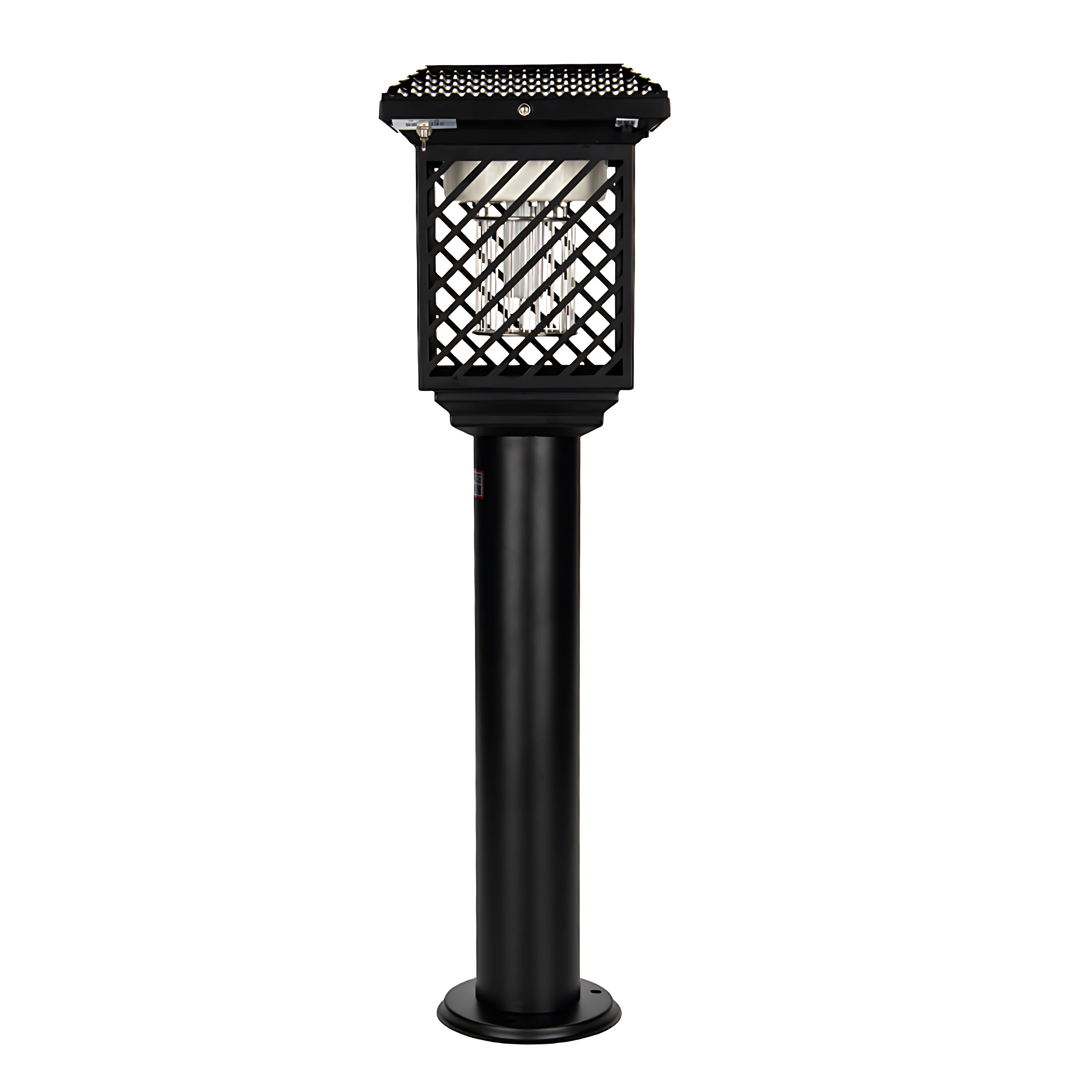Black solar-powered outdoor light fixture with decorative lattice pattern and tall pole mount
