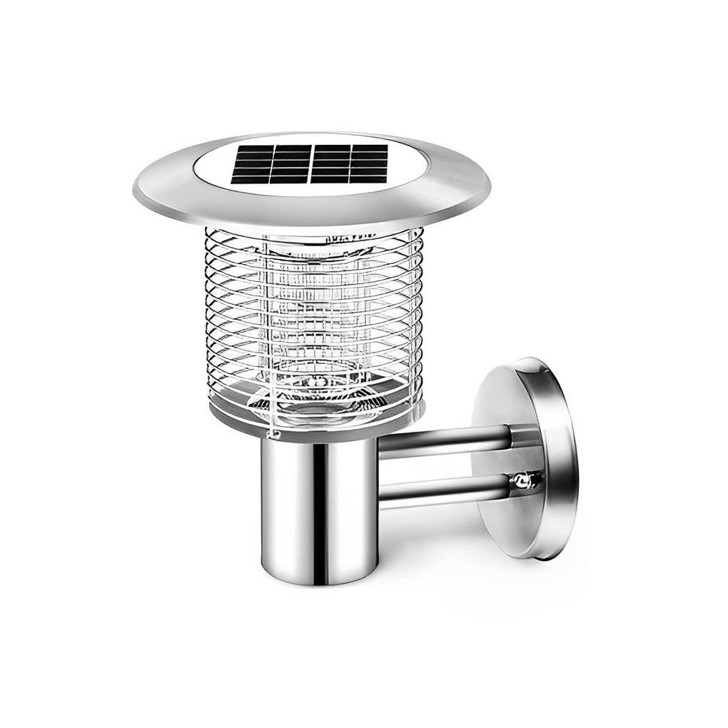 Black solar light bug zapper post light isolated on white background.