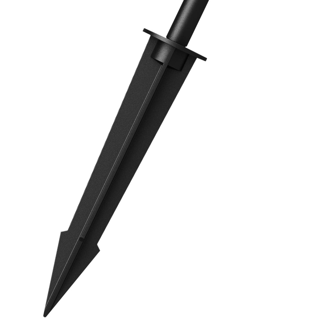 Black ground stake component for solar light installation showing durable construction design