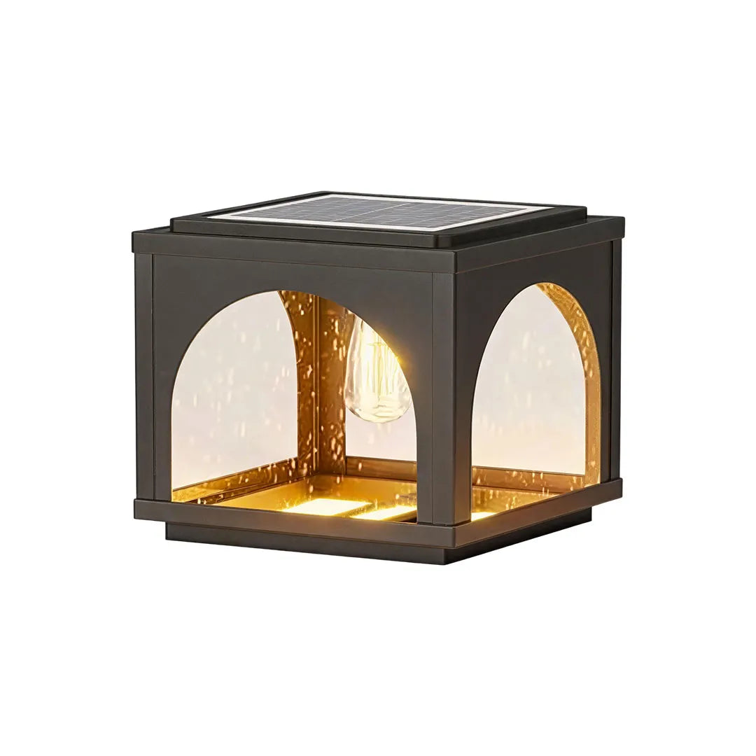 Solar outdoor pillar lights with a black metal frame and decorative faux marble diffuser.