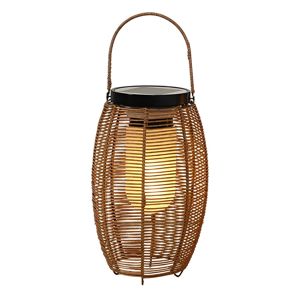 Outdoor rattan lanterns with black solar panel top on white background.