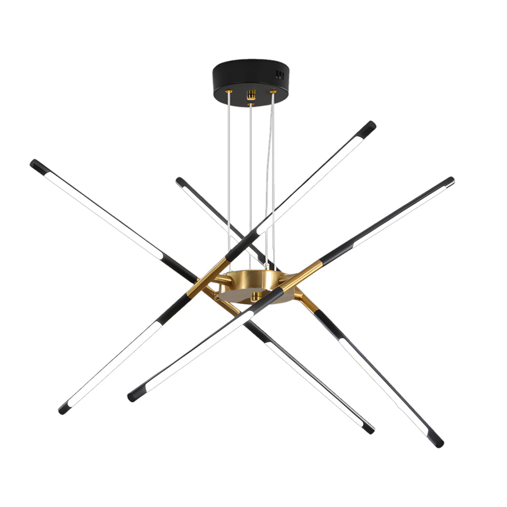 Black Sputnik chandelier with a multi-arm starburst layout and integrated linear lights shown on a white background.