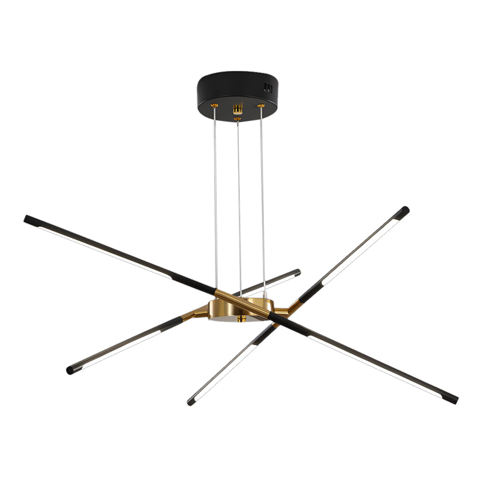 Black Sputnik chandelier with slim illuminated arms and adjustable hanging cables shown on a white background.