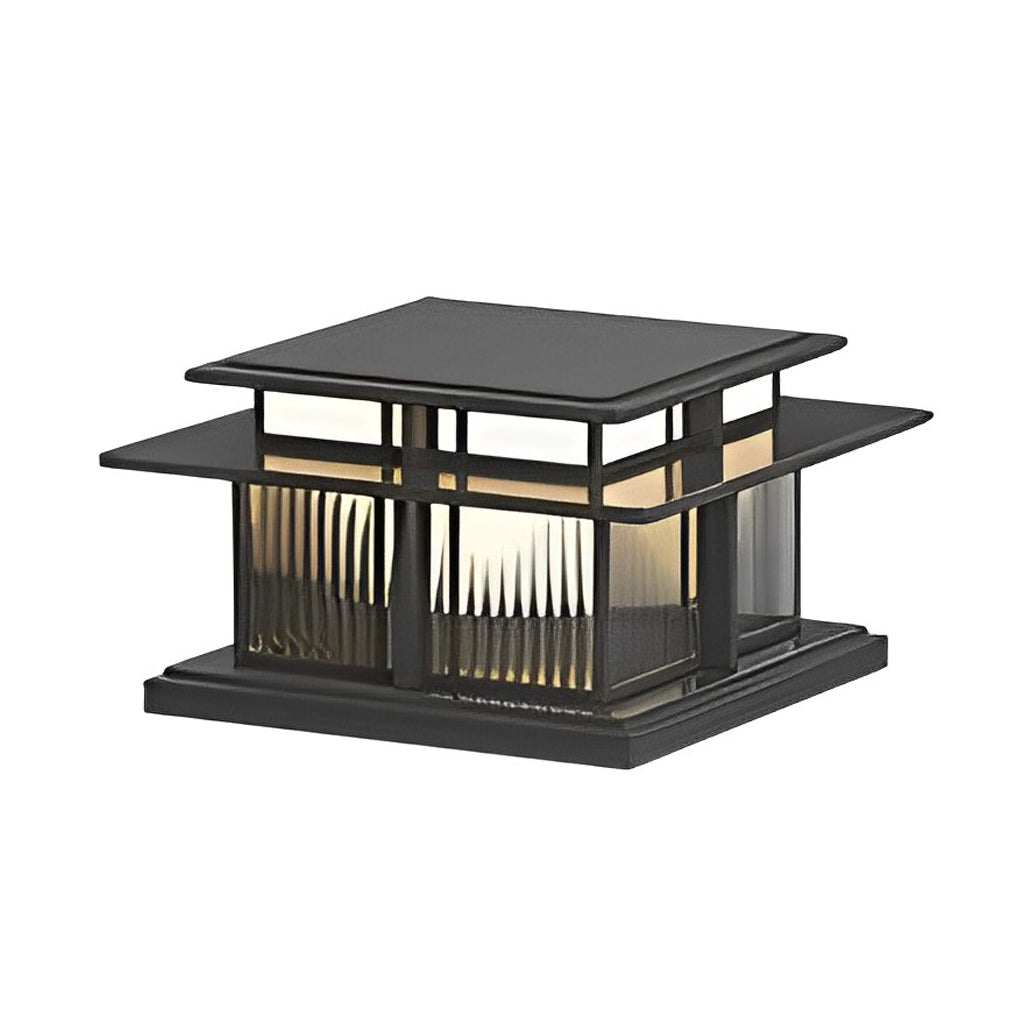 Black square porch pillar lights with layered roof design for outdoor post lighting.
