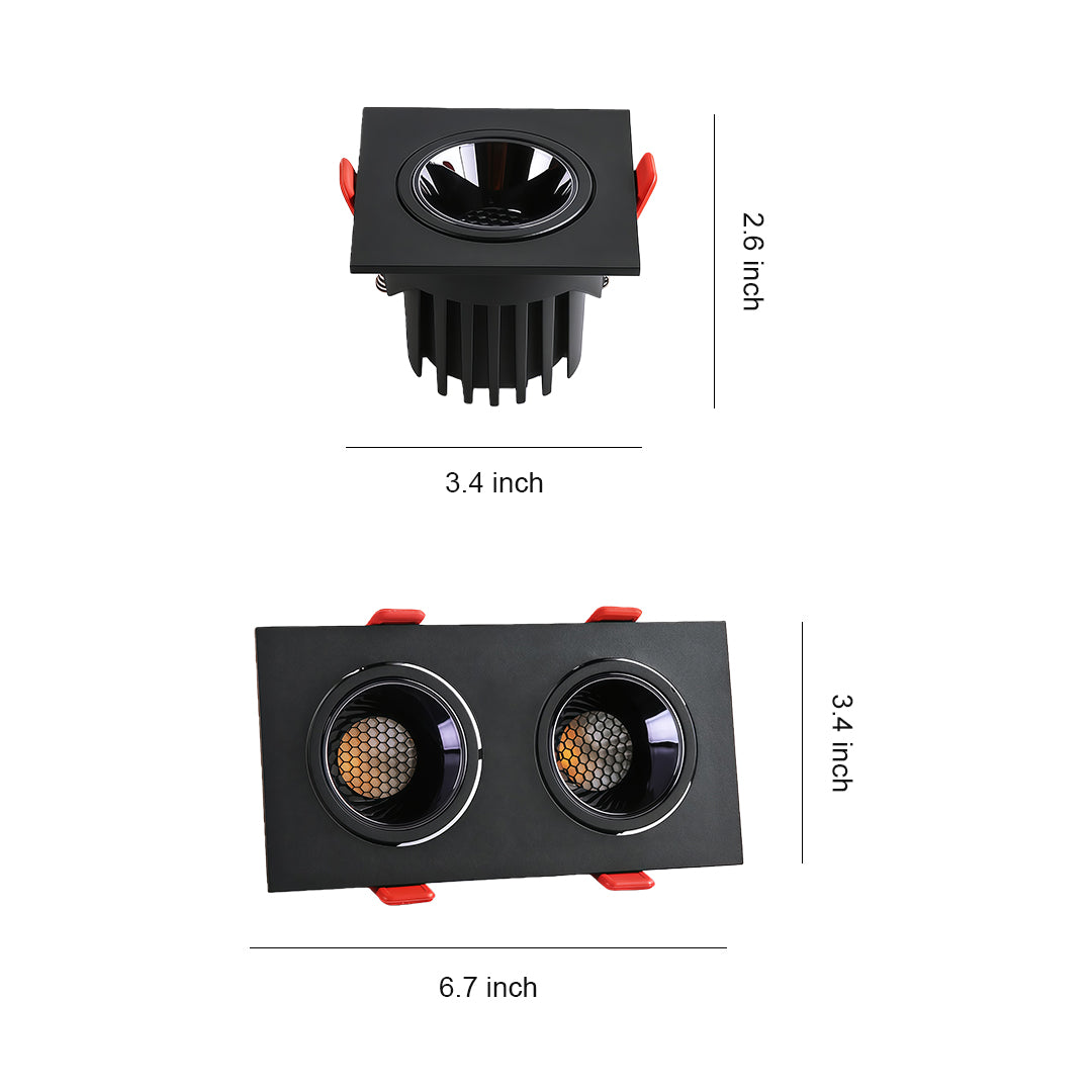 Dimension chart for the black square recessed downlight series, showing the single 3.4-inch model and the dual-light 6.7-inch model.