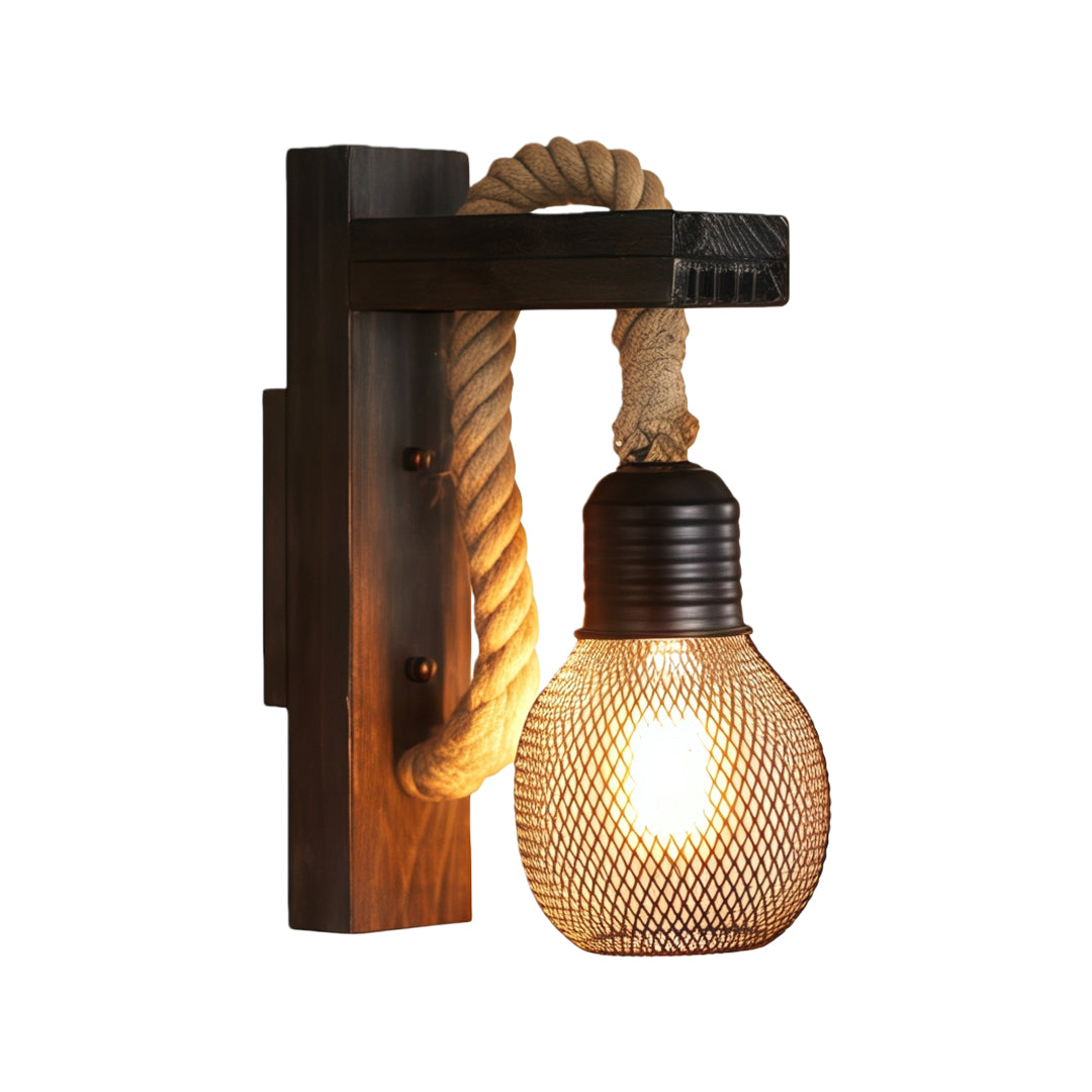 Black-stained reclaimed wood rustic wall light showcasing its industrial aesthetic with a thick rope suspension.