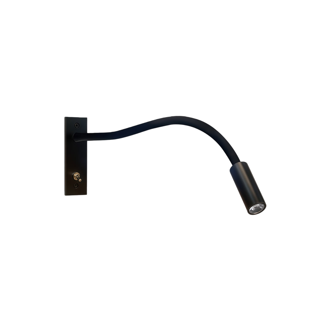 Black swing arm wall mount light with adjustable flexible arm for bedside reading.